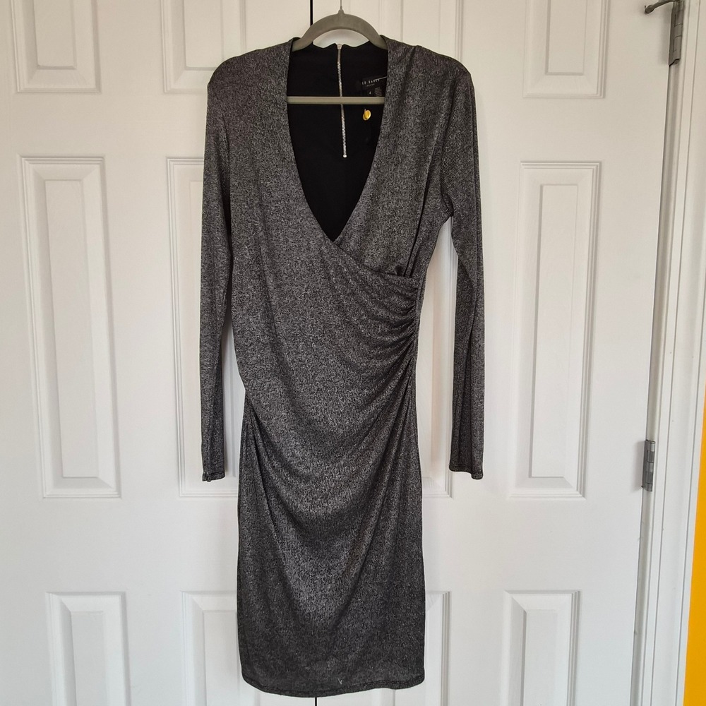 Ted Baker London Silver Metallic Ruched V-Neck Long Sleeve Sheath Dress US10